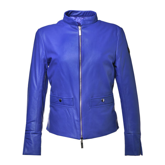 Veste réversible en cuir et tissu bleu