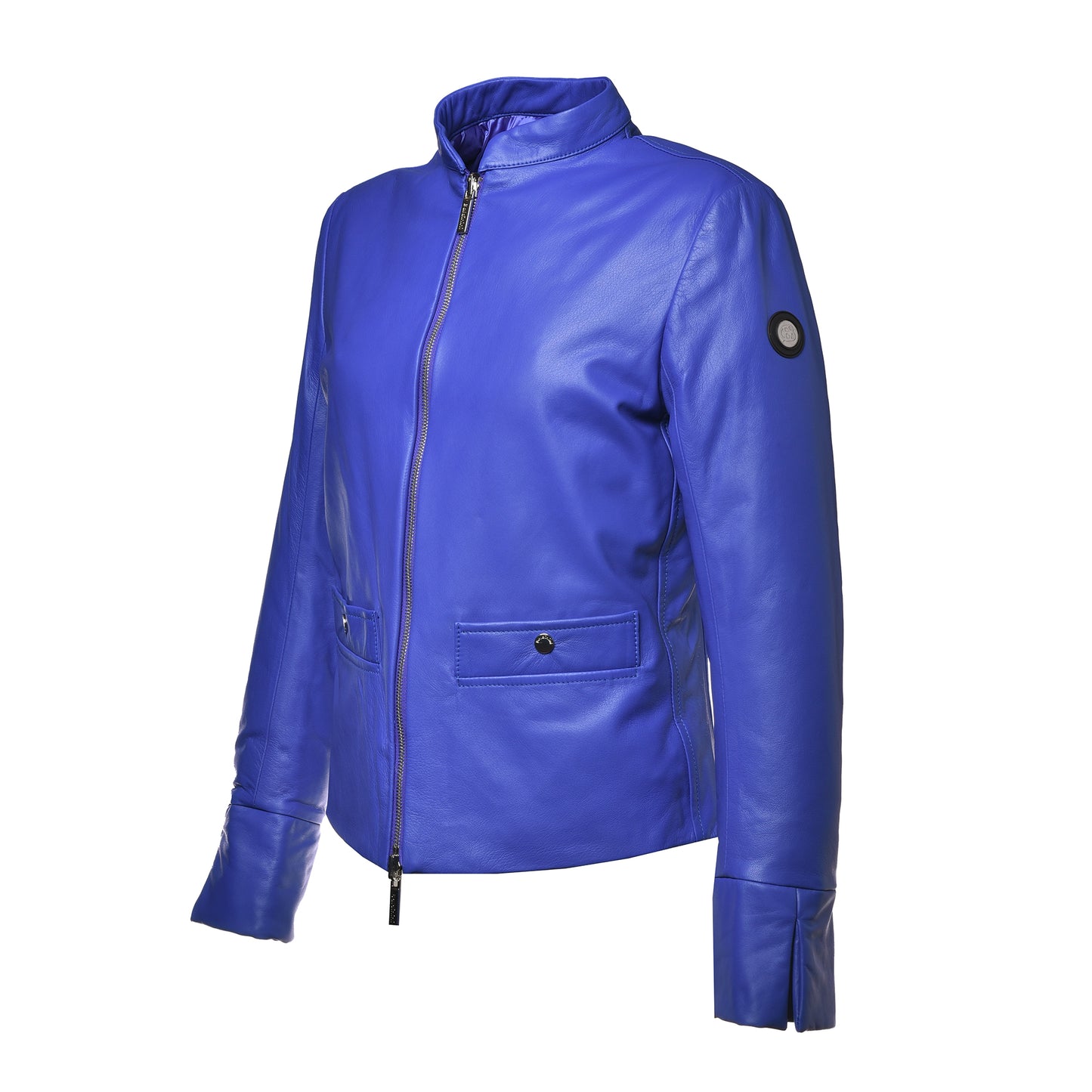 Veste réversible en cuir et tissu bleu