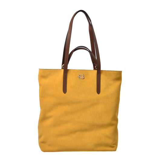 Yellow suede and brown leather shopping bag