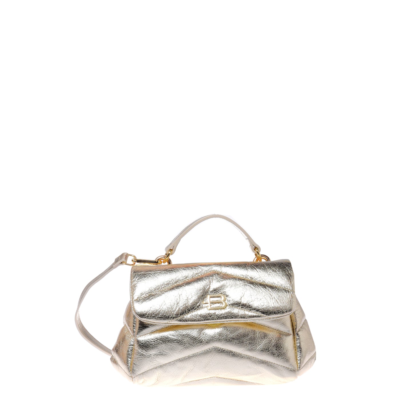 Quilted light gold laminated leather shoulder bag