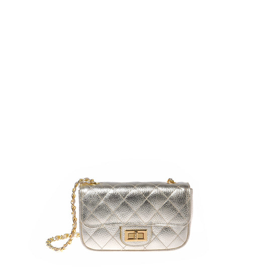Light gold quilted laminated leather shoulder bag