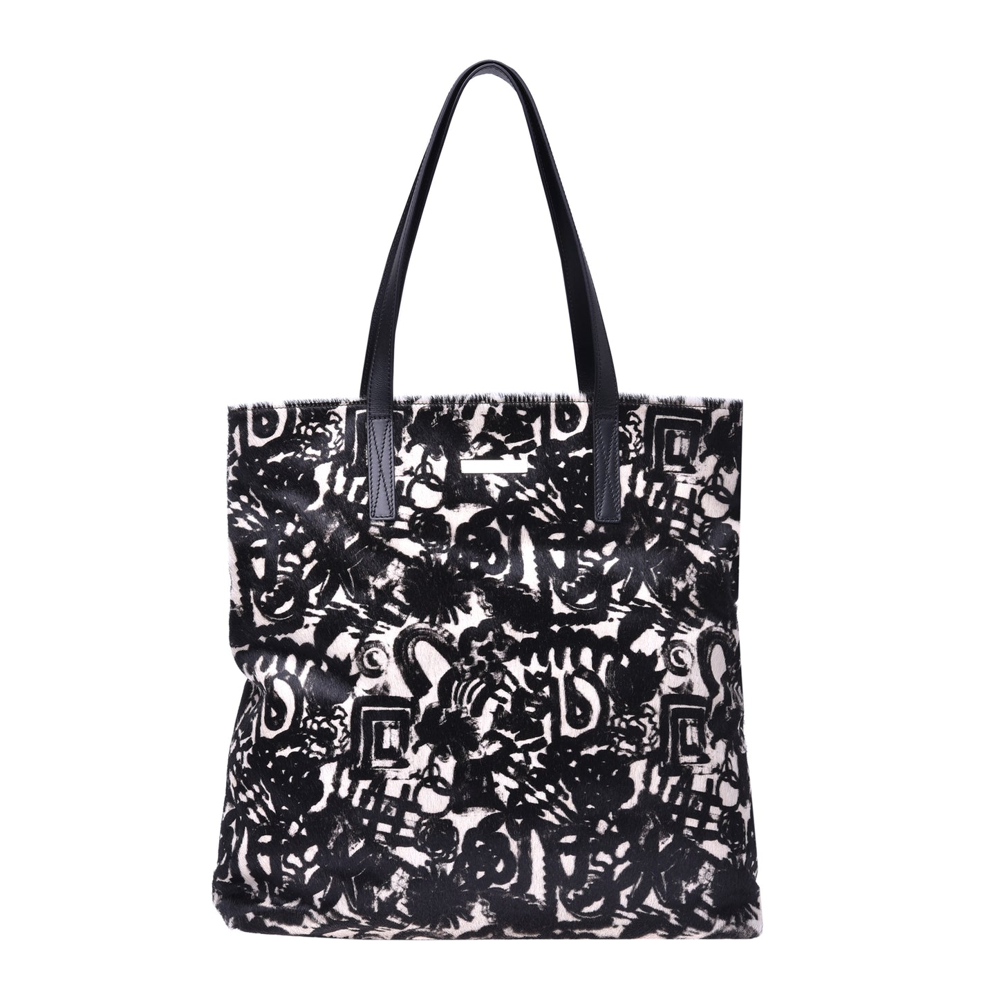 Tote bag en cuir de poney motif optique noir et blanc