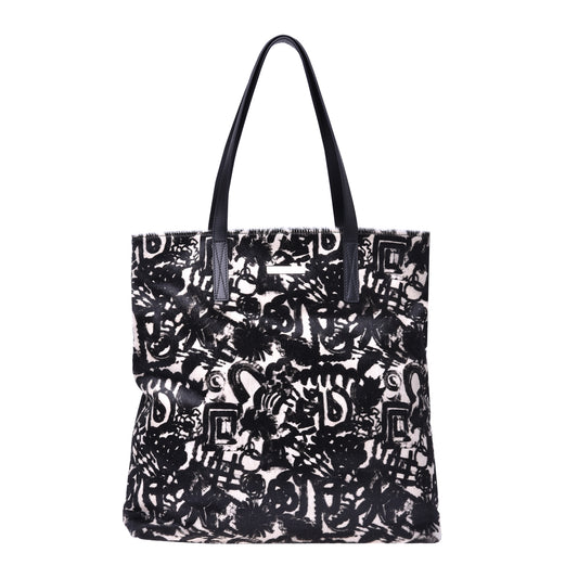 Tote bag en cuir de poney motif optique noir et blanc