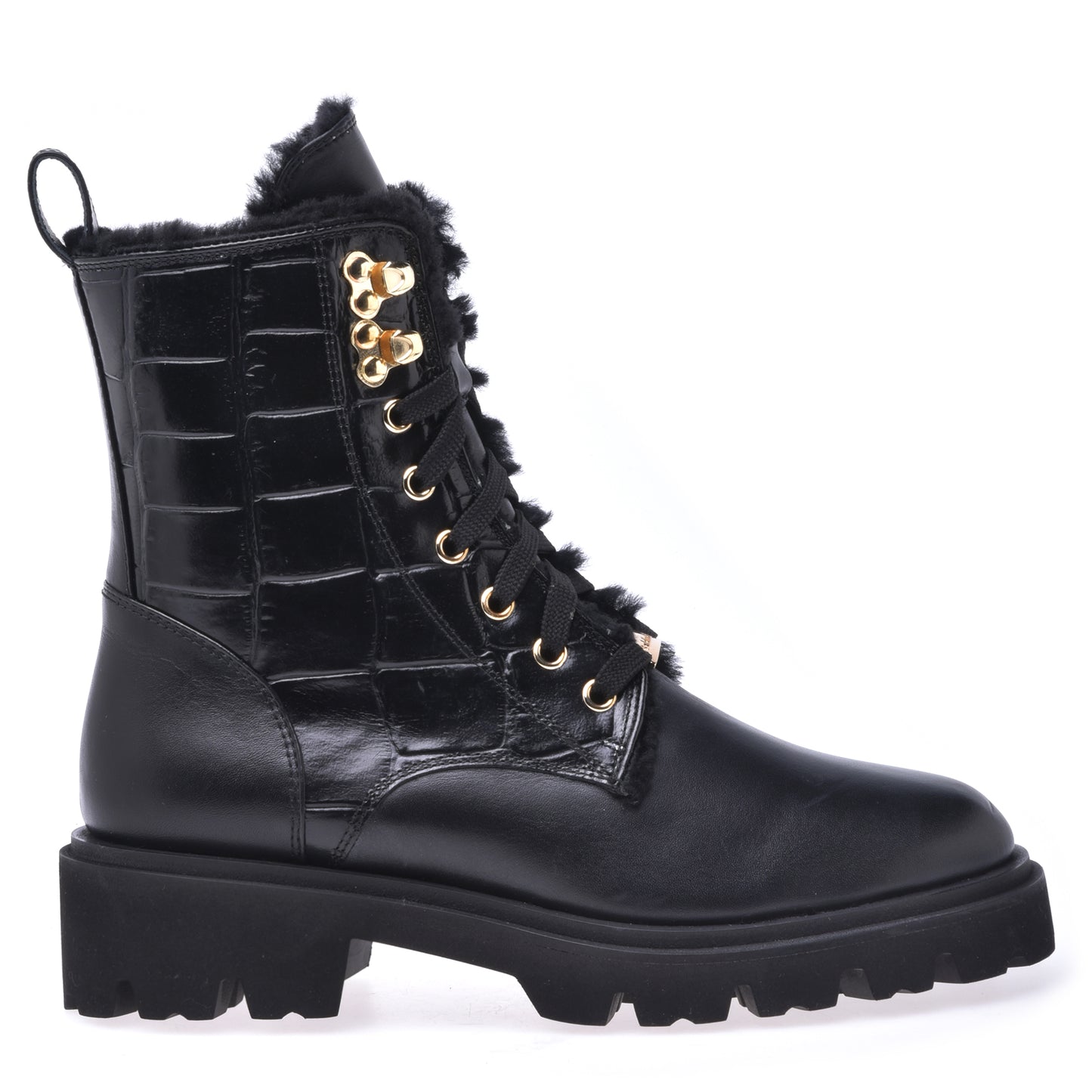 Combat boots in black calfskin and crocodile print
