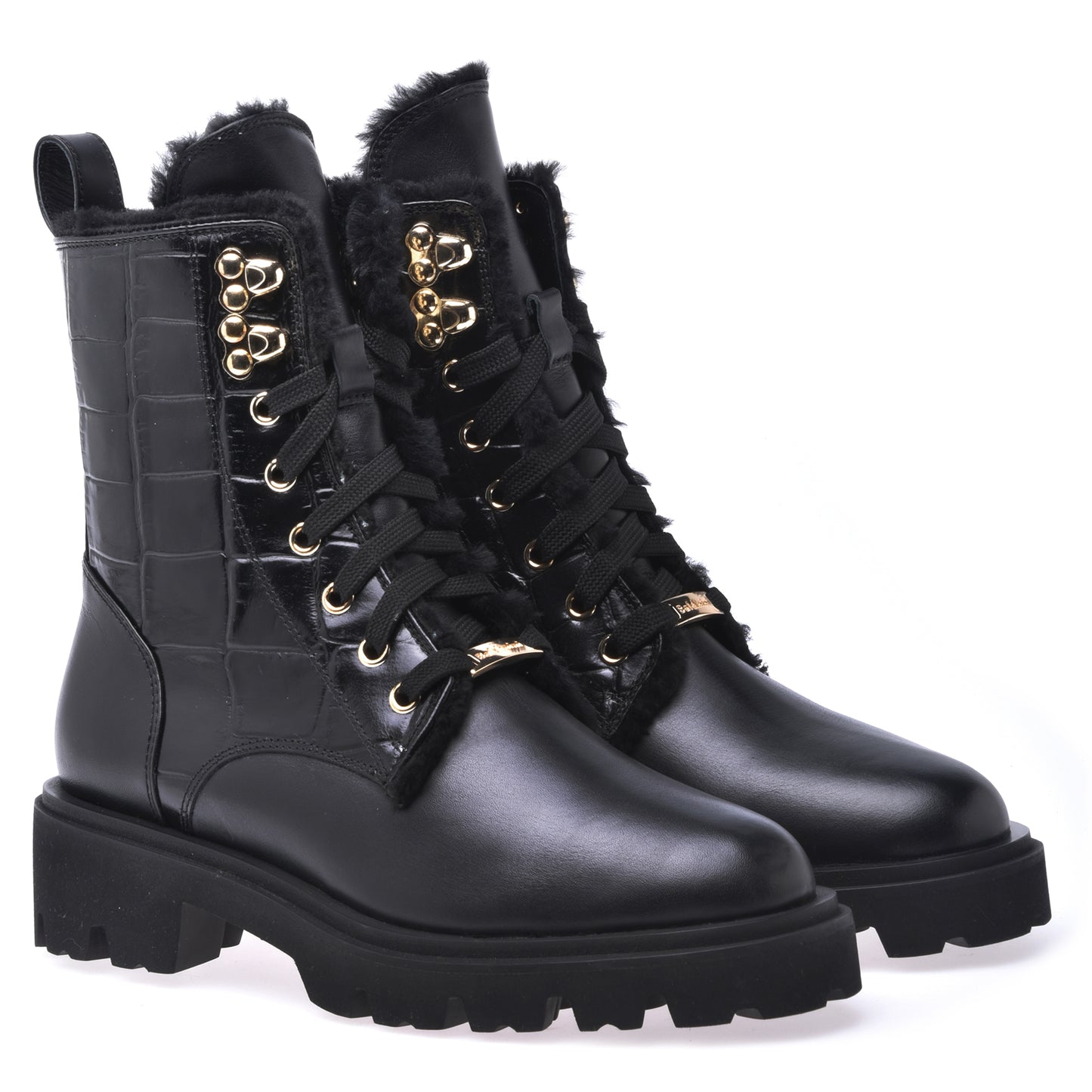 Combat boots in black calfskin and crocodile print