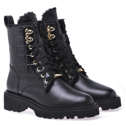 Combat boots in black calfskin and crocodile print
