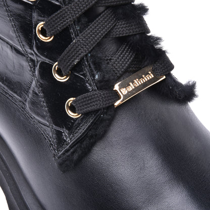 Combat boots in black calfskin and crocodile print
