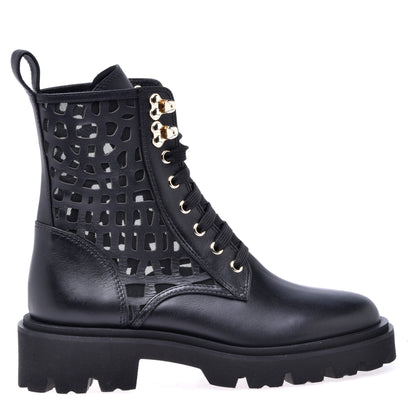 Combat boots in black laser-cut calfskin