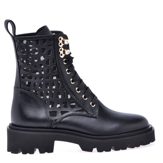 Combat boots in black laser-cut calfskin