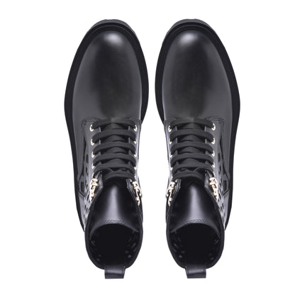 Combat boots in black laser-cut calfskin
