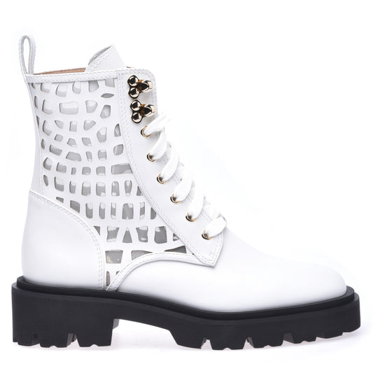Combat boots in white laser-cut calfskin