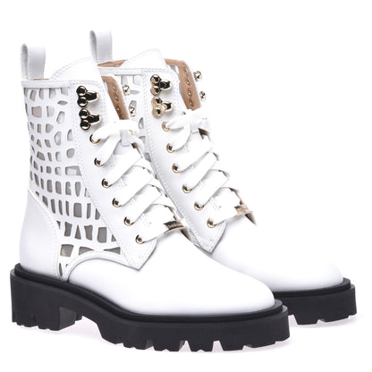 Combat boots in white laser-cut calfskin