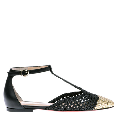 Ballerine en cuir tressé noir et or