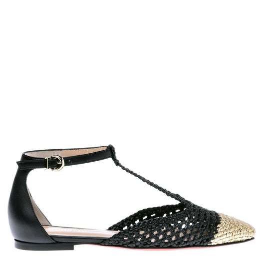 Ballerine en cuir tressé noir et or