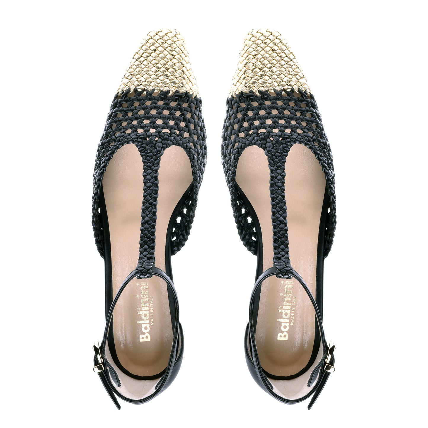 Ballerine en cuir tressé noir et or