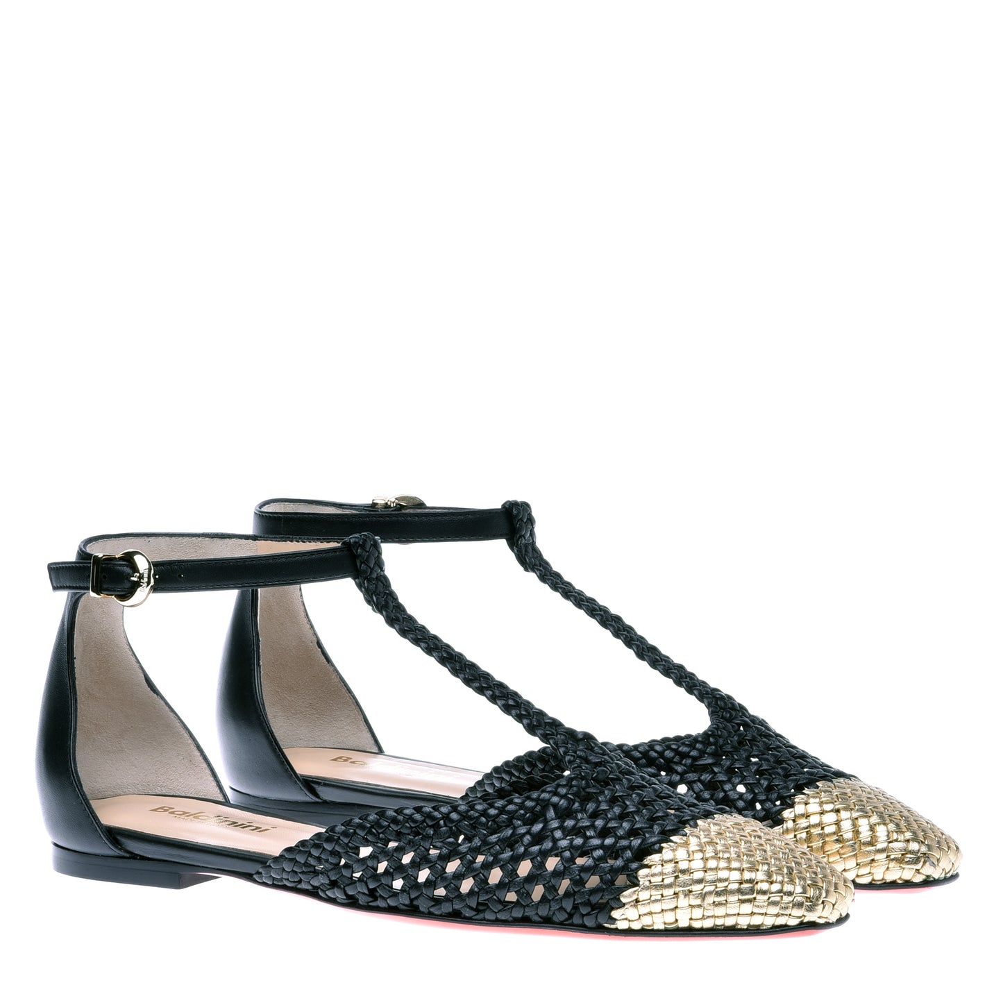 Ballerine en cuir tressé noir et or