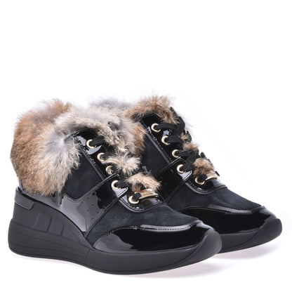 Sneakers montantes en croûte de cuir noir et lapin