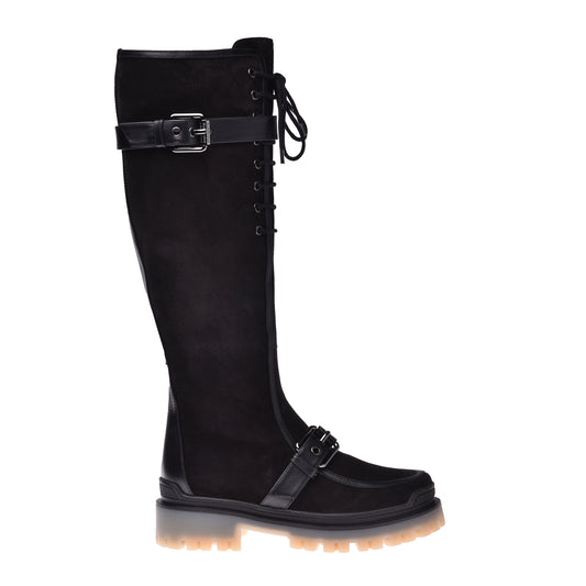 Boots in black cow split leather and calfskin