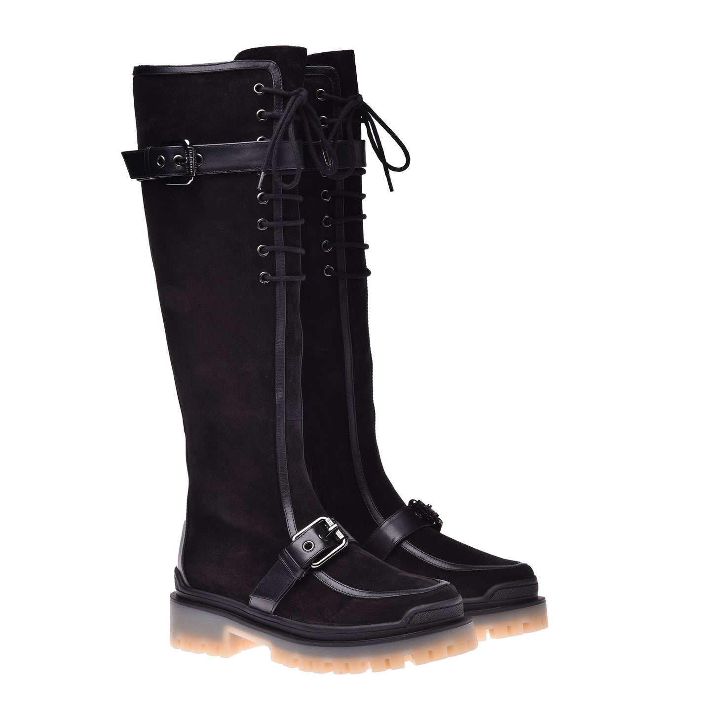 Boots in black cow split leather and calfskin
