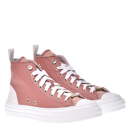 Sneakers montantes en cuir et satin bois de rose