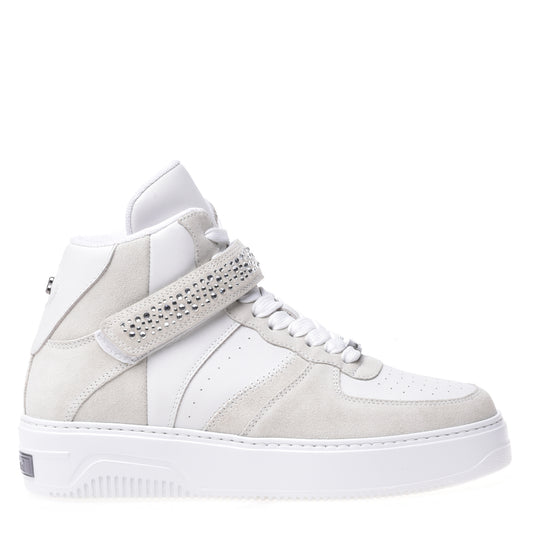 Sneakers montantes en cuir de veau et daim blanc laiteux