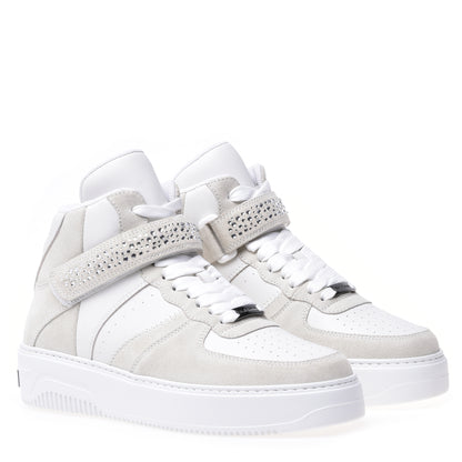 Sneakers montantes en cuir de veau et daim blanc laiteux