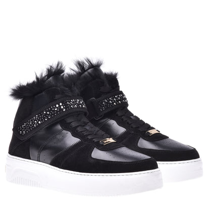 Sneakers montantes en cuir de veau et daim noir