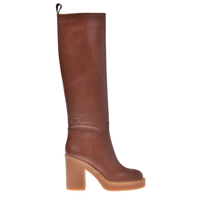 Botte « tube » en cuir de veau couleur cuir