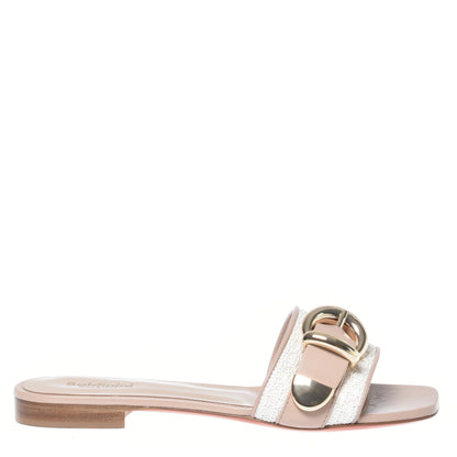 Babouche en raphia blanc et cuir nude