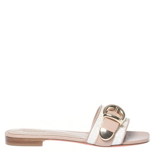 Babouche en raphia blanc et cuir nude