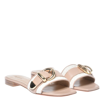 Babouche en raphia blanc et cuir nude