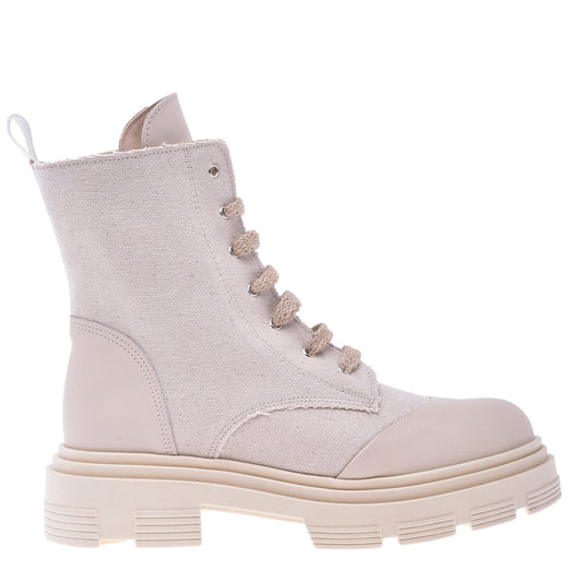 Ankle boots in canvas and cream nappa leather