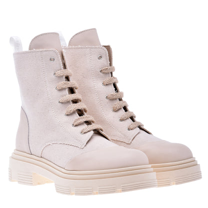 Ankle boots in canvas and cream nappa leather