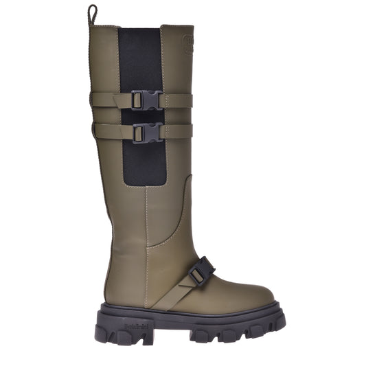 Bottes en cuir caoutchouté vert kaki