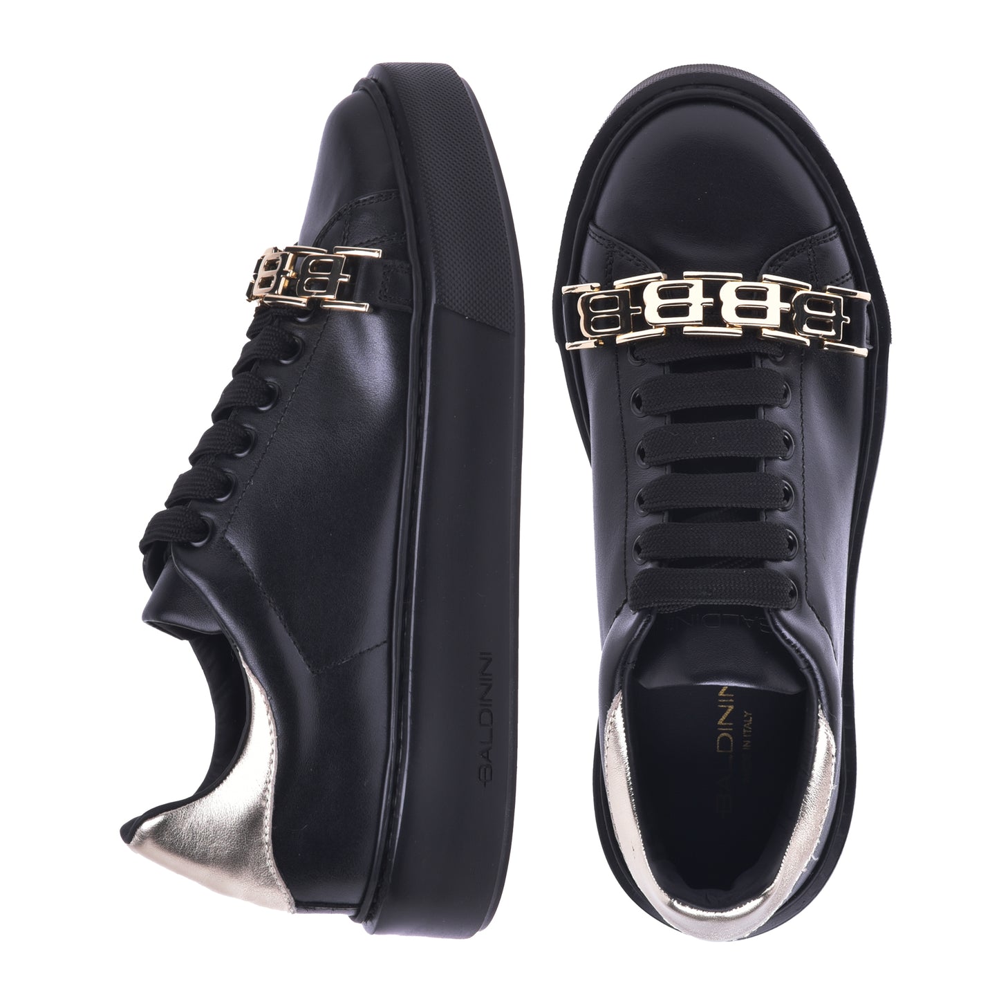 Baskets basses en cuir noir et platine