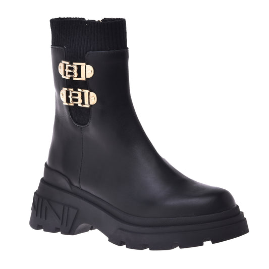 Black calfskin and fabric ankle boot