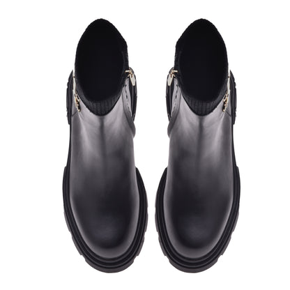 Black calfskin and fabric ankle boot