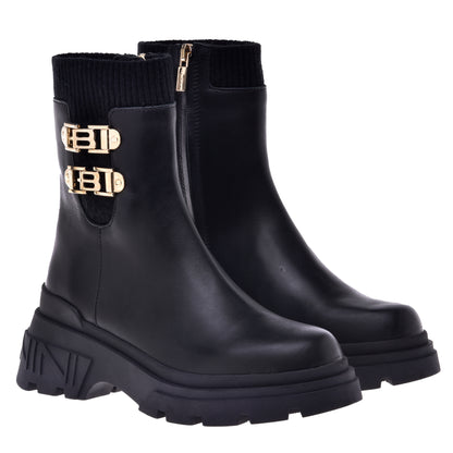 Black calfskin and fabric ankle boot