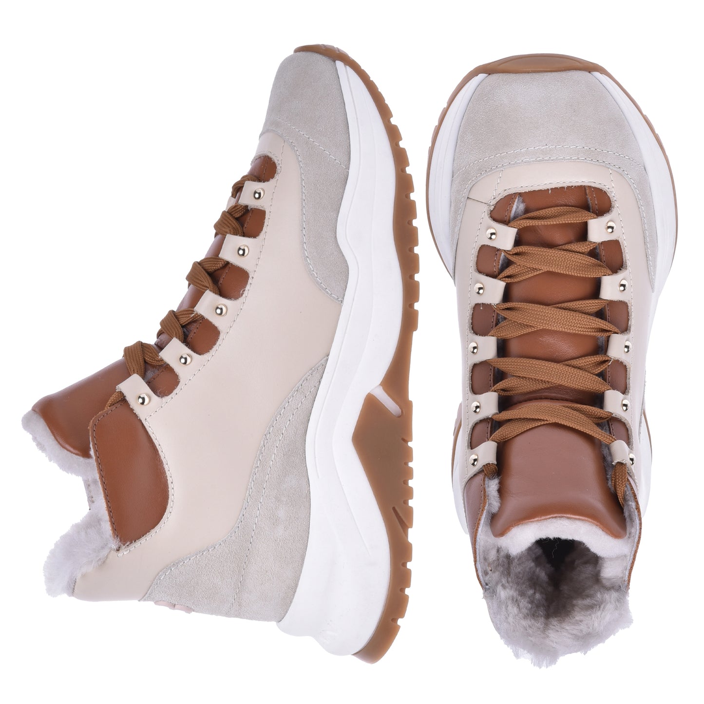 Sneakers montantes en croûte et cuir de veau vanille