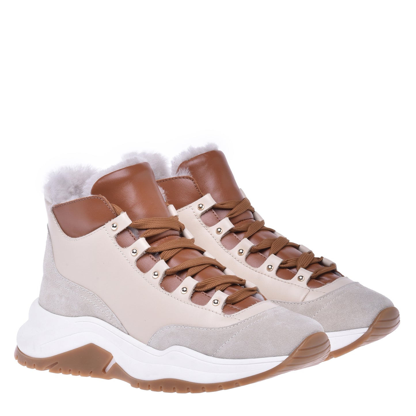 Sneakers montantes en croûte et cuir de veau vanille