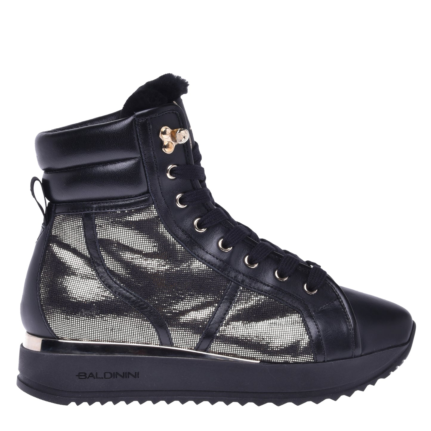 Sneakers montantes en cuir noir et tissu pailleté