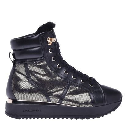 Sneakers montantes en cuir noir et tissu pailleté