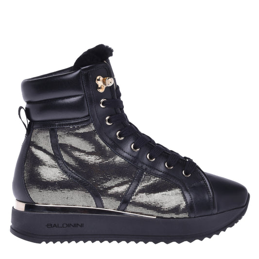 Sneakers montantes en cuir noir et tissu pailleté