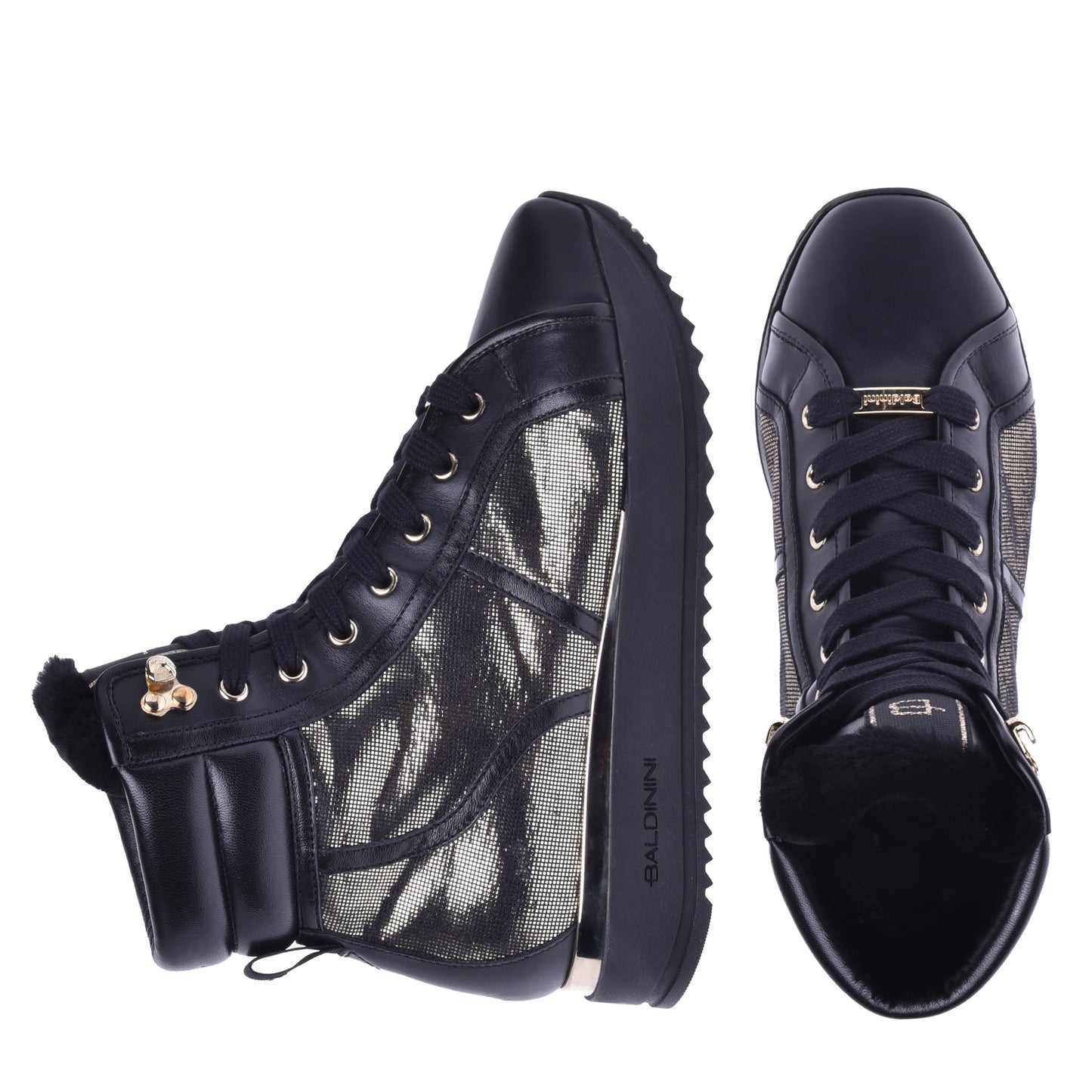 Sneakers montantes en cuir noir et tissu pailleté