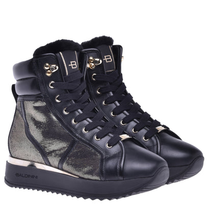 Sneakers montantes en cuir noir et tissu pailleté