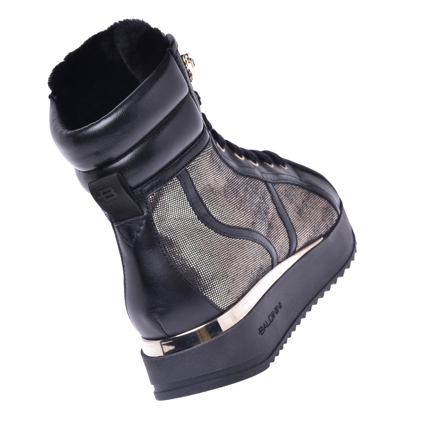 Sneakers montantes en cuir noir et tissu pailleté