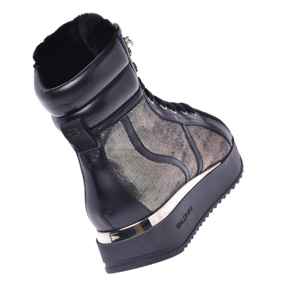 Sneakers montantes en cuir noir et tissu pailleté