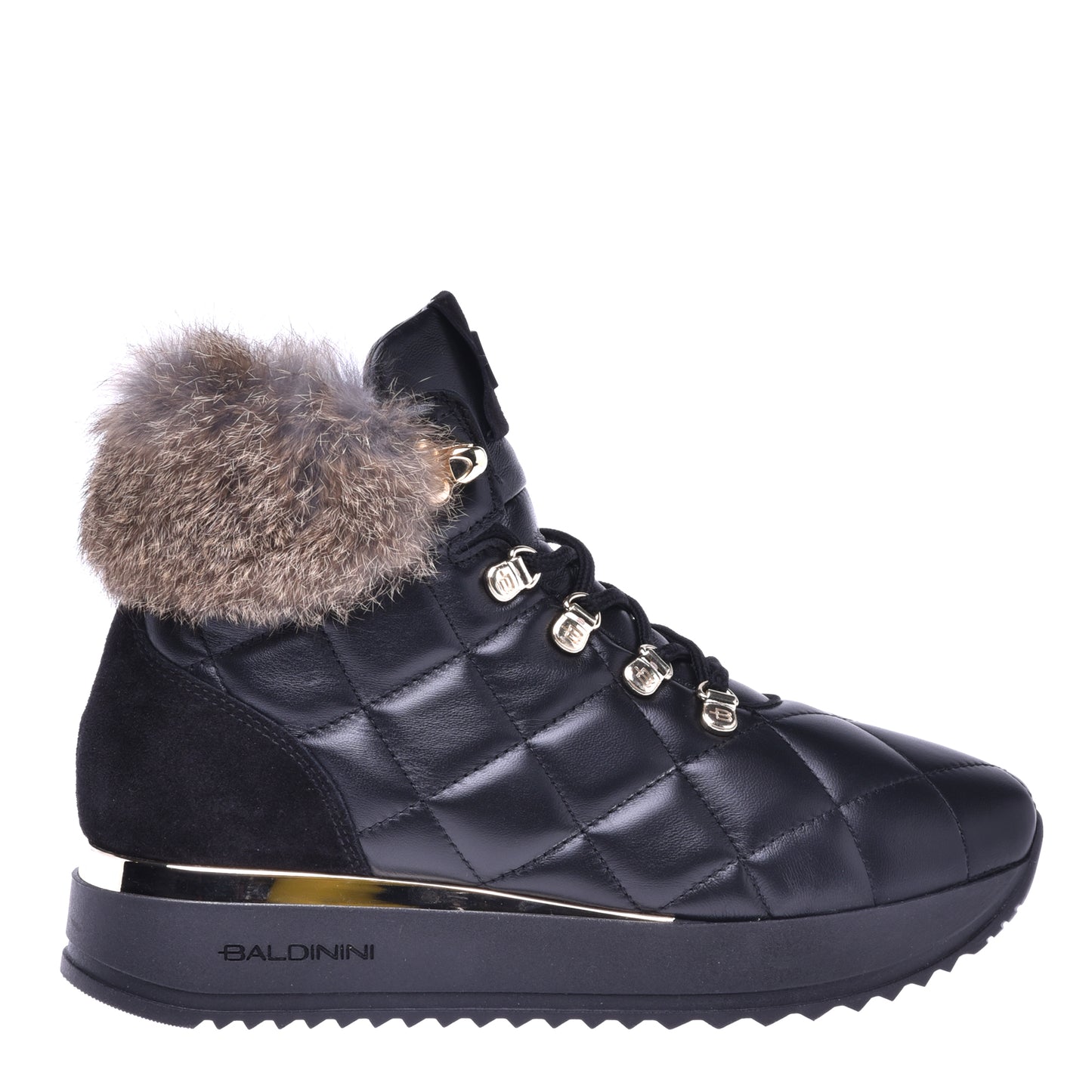 Sneakers montantes en nappa matelassé noir et fourrure de lapin