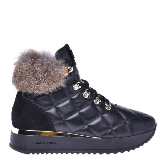 Sneakers montantes en nappa matelassé noir et fourrure de lapin