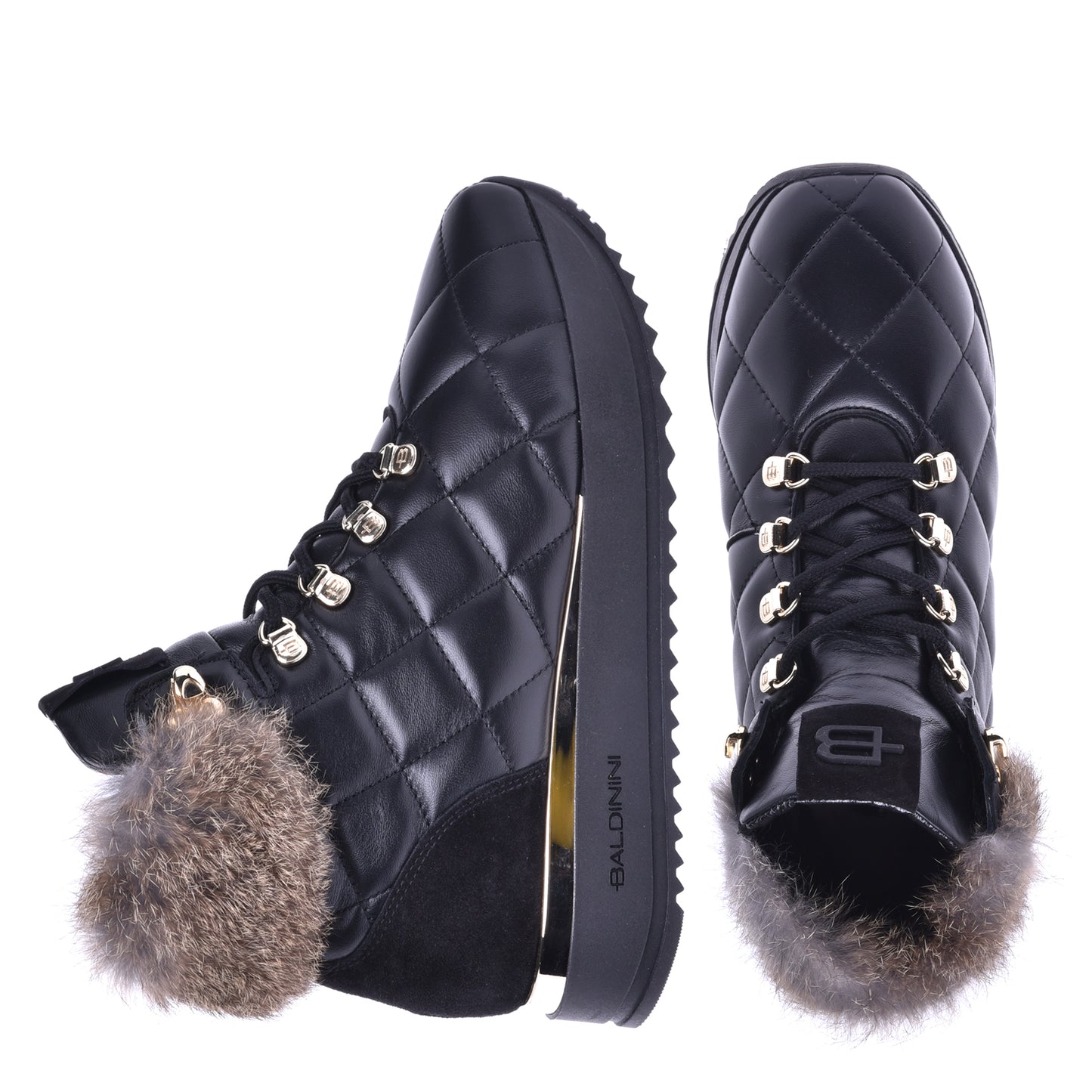 Sneakers montantes en nappa matelassé noir et fourrure de lapin